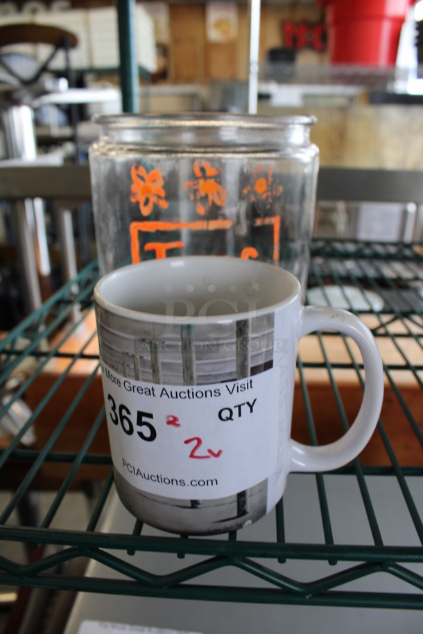 ALL ONE MONEY! Lot of Ceramic Mug and Glass Jar. 4.5x3.5x4, 5.5x5.5x6.5 - Image 1 of 2