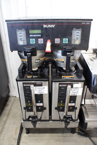 2016 Bunn Model DUAL SH DBC Stainless Steel Commercial Countertop Dual Coffee Machine w/ 2 Stainless Steel Brew Baskets and 2 Bunn Model SH SERVER Satellite Servers. 120/208-240 Volts, 1 Phase. 18x24x36. Tested and Working!