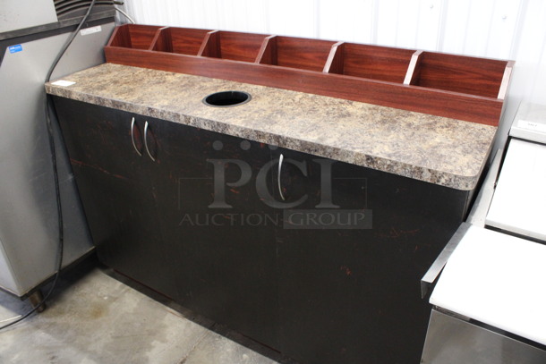 Wood and Stone Pattern Counter w/ Trash Deposit Hole and 3 Doors. 67x21x48 - Image 1 of 5