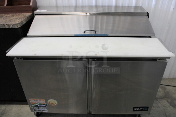 Asber Model APTS-48-12 Stainless Steel Commercial Sandwich Salad Prep Table Bain Marie Mega Top w/ Cutting Board on Commercial Casters. 115 Volts, 1 Phase. 48x32x43. Tested and Working!