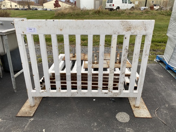 ALL ONE MONEY! Lot of 6 White Cast Iron Fence Pieces and 7 Metal Stands. 57x2x43, 16x16x8, 8x16x8