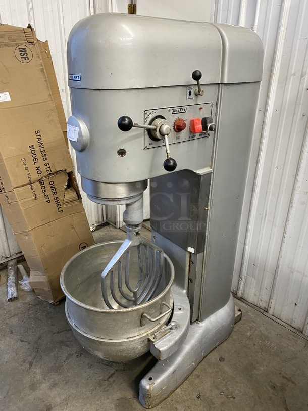 Hobart Model M-802 Metal Commercial Floor Style 80 Quart Planetary Mixer w/ Stainless Steel Mixing Bowl and Paddle Attachment. 200 Volts, 3 Phase. 28x45x65