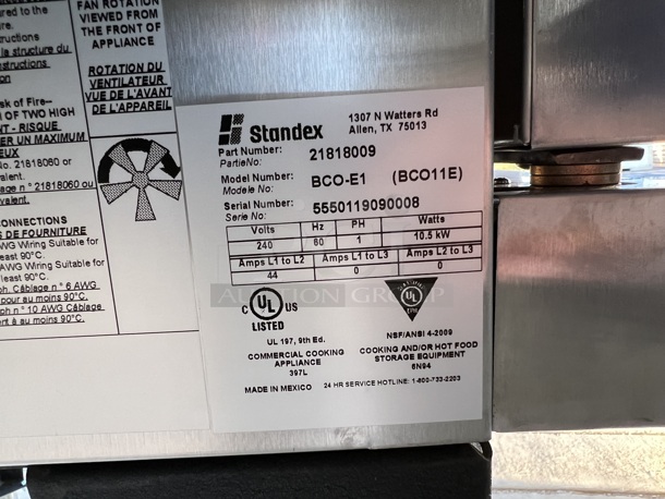 BRAND NEW! 2019 Baker's Pride Model BCO-E1 ENERGY STAR Stainless Steel Commercial Electric Powered Full Size Convection Oven w/ View Through Doors, Metal Oven Racks and Thermostatic Controls on Metal Legs. 240 Volts, 1 Phase. 38x39x55.5 - Image 12 of 12