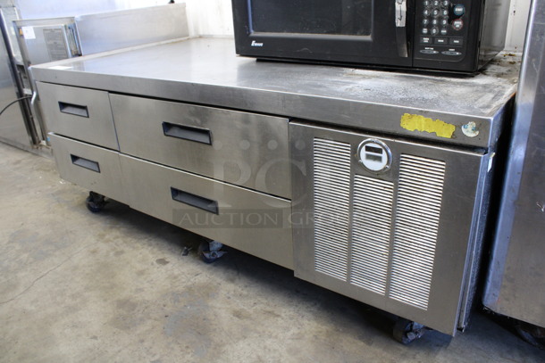 Stainless Steel Commercial 4 Drawer Chef Base on Commercial Casters. 62x35x24. Cannot Test - Unit Needs New Plug Head