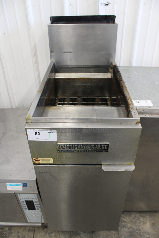 American Range Stainless Steel Commercial Floor Style Natural Gas Powered Deep Fat Fryer on Commercial Casters. 16x31x48