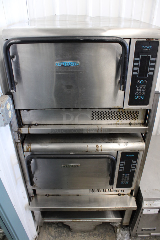 2 Turbochef Model NGCD6 Tornado Stainless Steel Commercial Countertop Electric Powered Rapid Cook Ovens on Stainless Steel Commercial 2 Tier Equipment Stand on Commercial Casters. 208/240 Volts, 1 Phase. 30x30x60. 2 Times Your Bid!