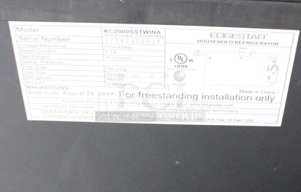 Edgestar Model KC2000SSTWINA Direct Draw Kegerator w/ Beer Tower on Commercial Casters. Missing 1 Caster. 115 Volts, 1 Phase. 20x25x36. Tested and Working! - Image 7 of 7