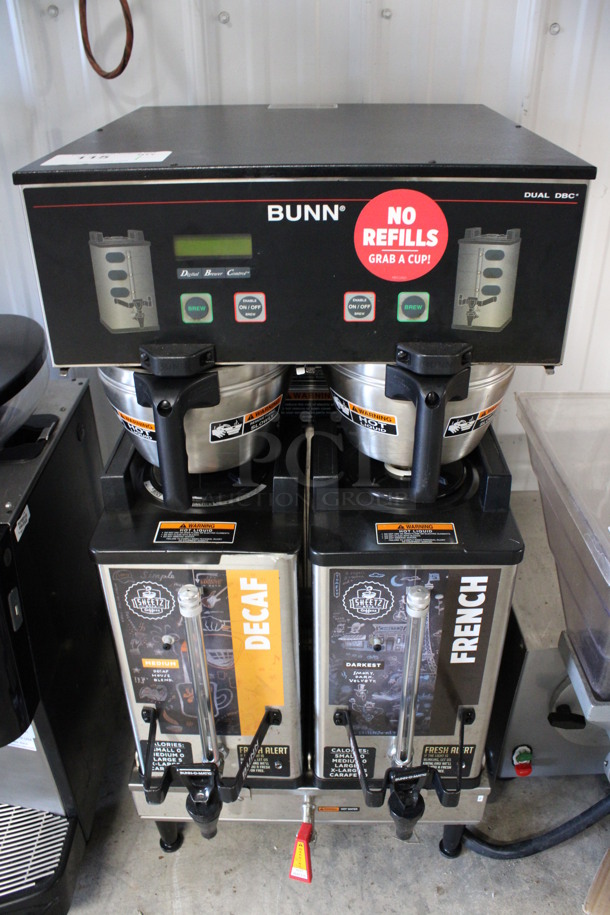 2017 Bunn Model DUAL SH DBC Stainless Steel Commercial Countertop Dual Coffee Machine w/ Hot Water Dispenser, 2 Stainless Steel Brew Baskets and 2 Bunn Model SH SERVER Satellite Servers. 120/208-240 Volts, 1 Phase. 18x24x36. Tested and Working!