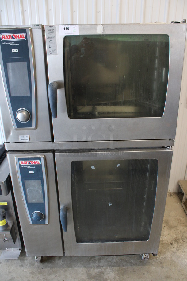 2 Rational 5Senses Stainless Steel Commercial Combitherm Self Cooking Center Convection Ovens on Commercial Casters. Top Model: SCC WE 62. Bottom Model: SCC WE 102. 480 Volts, 3 Phase. 42x40x73. 2 Times Your Bid!