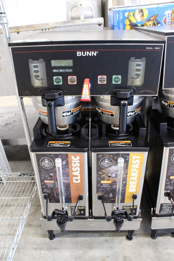 2011 Bunn Model DUAL SH DBC Stainless Steel Commercial Countertop Dual Coffee Machine w/ Hot Water Dispenser, 2 Stainless Steel Brew Baskets and 2 Bunn Model SH SERVER Satellite Servers. 120/208-240 Volts, 1 Phase. 18x24x36. Tested and Working! - Image 1 of 6