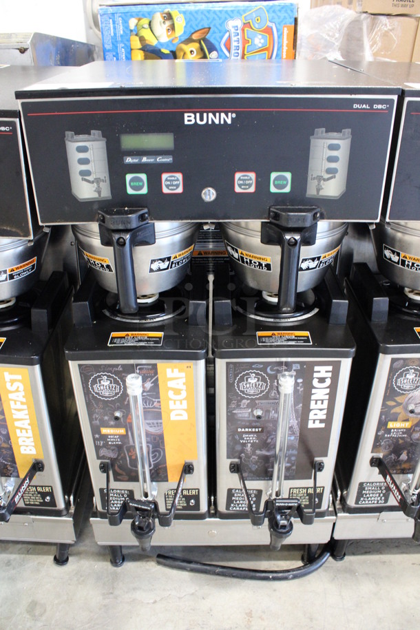 2012 Bunn Model DUAL SH DBC Stainless Steel Commercial Countertop Dual Coffee Machine w/ 2 Stainless Steel Brew Baskets and 2 Bunn Model SH SERVER Satellite Servers. 120/208-240 Volts, 1 Phase. 18x24x36. Tested and Working! - Image 1 of 6