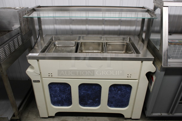 Gallery Metal Commercial Floor Style Refrigerated Buffet Station w/ Glass Sneeze Guard and 3 Full Size Drop In Bins on Commercial Casters. 56x28x53. Tested and Working!