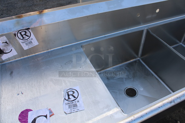 BRAND NEW SCRATCH AND DENT! Mix Rite Model MRSA-3-D Stainless Steel Commercial 3 Bay Sink w/ Dual Drainboards. 120x30x45. Bays 24x24x14. Drainboards 22x25x1 - Image 3 of 5