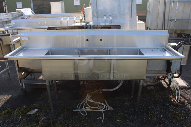 BRAND NEW SCRATCH AND DENT! Mix Rite Model MRSA-3-D Stainless Steel Commercial 3 Bay Sink w/ Dual Drainboards. Comes w/ Legs and Drains. 90x24x45. Bays 18x18x11. Drainboards 16x20x2 - Image 1 of 8