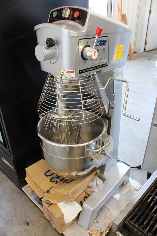 BRAND NEW! PrepPal Model PPM-30 Metal Commercial Floor Style 30 Quart Planetary Mixer w/ Stainless Steel Mixing Bowl, Bowl Guard, Dough Hook, Paddle and Whisk Attachments. 110 Volts, 1 Phase. 21x25x48. Tested and Working!