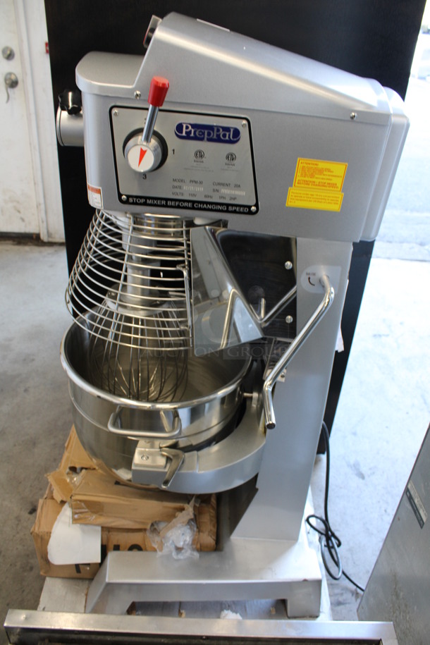 BRAND NEW! PrepPal Model PPM-30 Metal Commercial Floor Style 30 Quart Planetary Mixer w/ Stainless Steel Mixing Bowl, Bowl Guard, Dough Hook, Paddle and Whisk Attachments. 110 Volts, 1 Phase. 21x25x48. Tested and Working! - Image 2 of 8