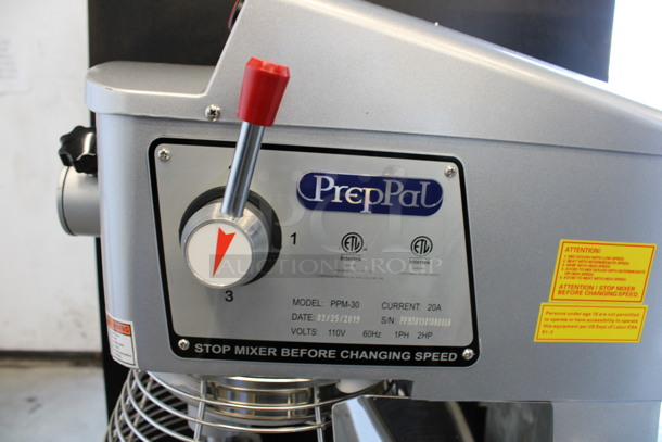 BRAND NEW! PrepPal Model PPM-30 Metal Commercial Floor Style 30 Quart Planetary Mixer w/ Stainless Steel Mixing Bowl, Bowl Guard, Dough Hook, Paddle and Whisk Attachments. 110 Volts, 1 Phase. 21x25x48. Tested and Working! - Image 3 of 8
