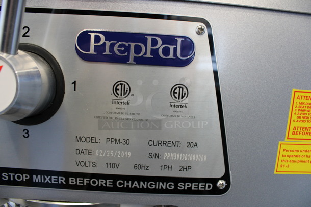 BRAND NEW! PrepPal Model PPM-30 Metal Commercial Floor Style 30 Quart Planetary Mixer w/ Stainless Steel Mixing Bowl, Bowl Guard, Dough Hook, Paddle and Whisk Attachments. 110 Volts, 1 Phase. 21x25x48. Tested and Working! - Image 4 of 8