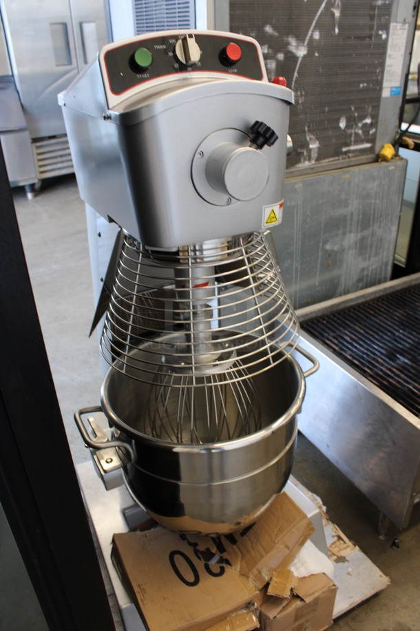 BRAND NEW! PrepPal Model PPM-30 Metal Commercial Floor Style 30 Quart Planetary Mixer w/ Stainless Steel Mixing Bowl, Bowl Guard, Dough Hook, Paddle and Whisk Attachments. 110 Volts, 1 Phase. 21x25x48. Tested and Working! - Image 7 of 8