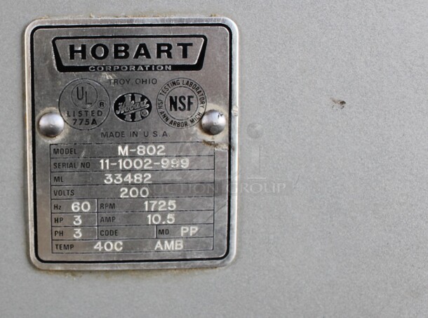 Hobart Model M-802 Metal Commercial Floor Style 80 Quart Planetary Mixer w/ Stainless Steel Mixing Bowl and Paddle Attachment. 200 Volts, 3 Phase. 28x45x65 - Image 7 of 10