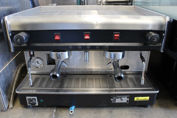 So Cafe Innovation Model 046 Stainless Steel Commercial Countertop 2 Group Espresso Machine w/ 2 Portafilters and 2 Steam Wands. 220 Volts. 27x21x17