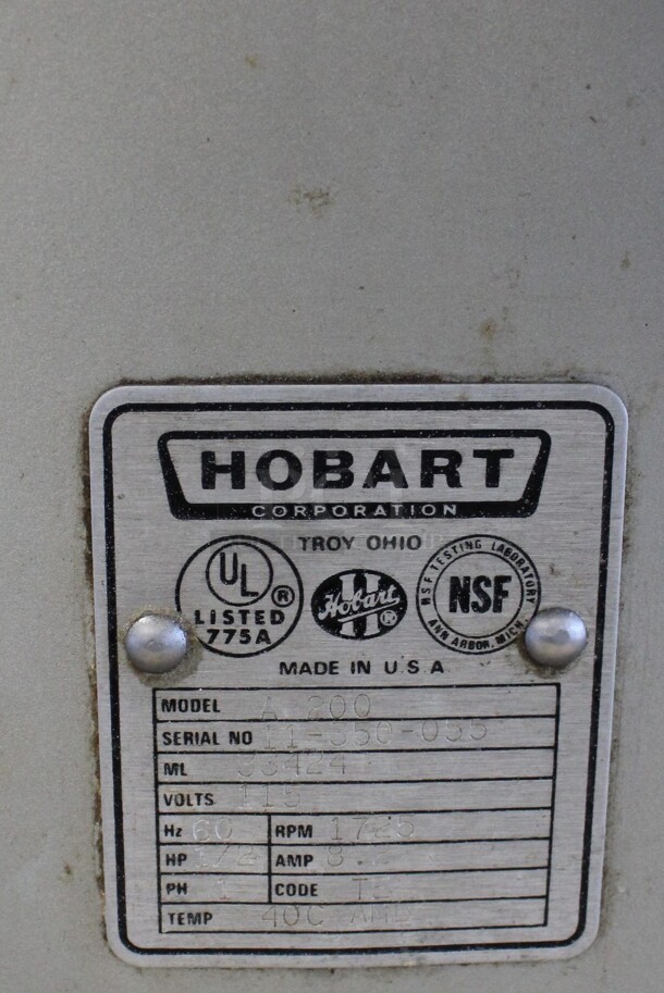 Hobart Model A200 Metal Commercial Countertop 20 Quart Planetary Mixer w/ Stainless Steel Mixing Bowl, Whisk and Paddle Attachments. 115 Volts, 1 Phase. 16x22x31. Tested and Working! - Image 6 of 6