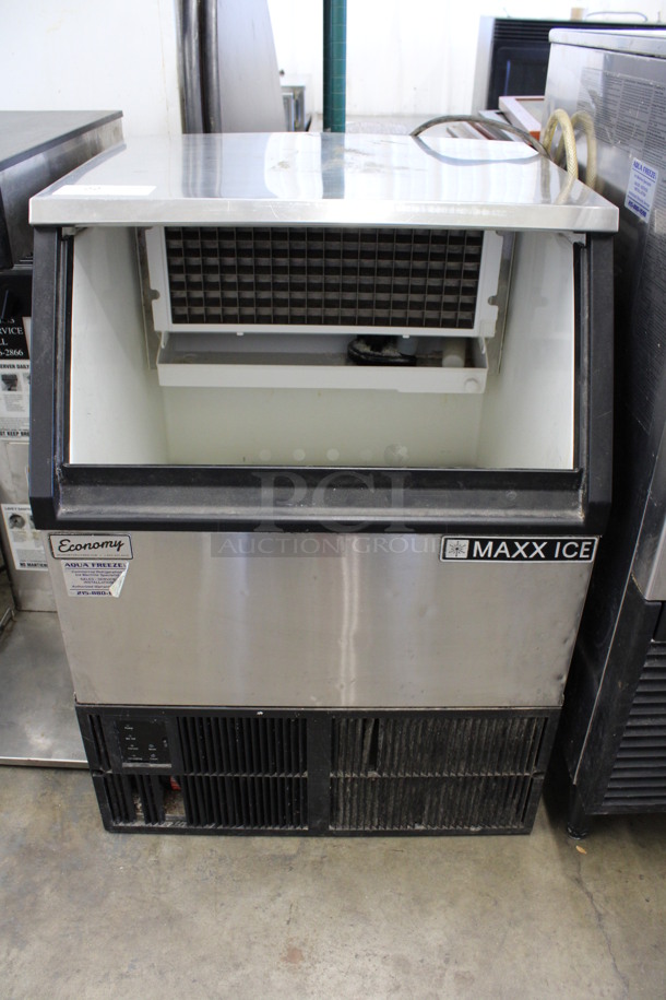 Maxx Ice Model MIM250 Stainless Steel Commercial Self Contained Ice Machine. Missing Door. 115 Volts, 1 Phase. 24x24x33