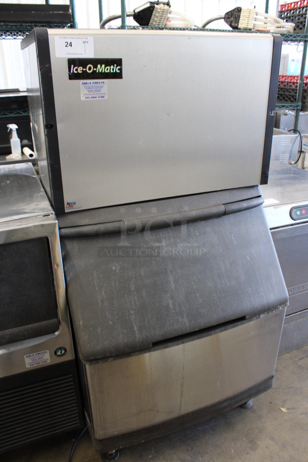 Ice O Matic Model ICE0250HA5 Stainless Steel Commercial Air Cooled Ice Machine Head on Manitowoc Model S400 Stainless Steel Ice Bin. 115 Volts, 1 Phase. 30.5x34x58