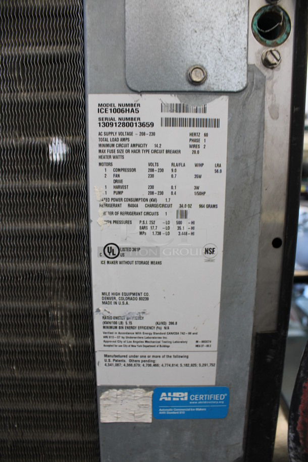 Ice O Matic Model ICE1006HA5 Stainless Steel Commercial Air Cooled Ice Machine Head on Hoshizaki Model B-250PF Stainless Steel Ice Bin. 208-230 Volts, 1 Phase. 30x34x59 - Image 5 of 8