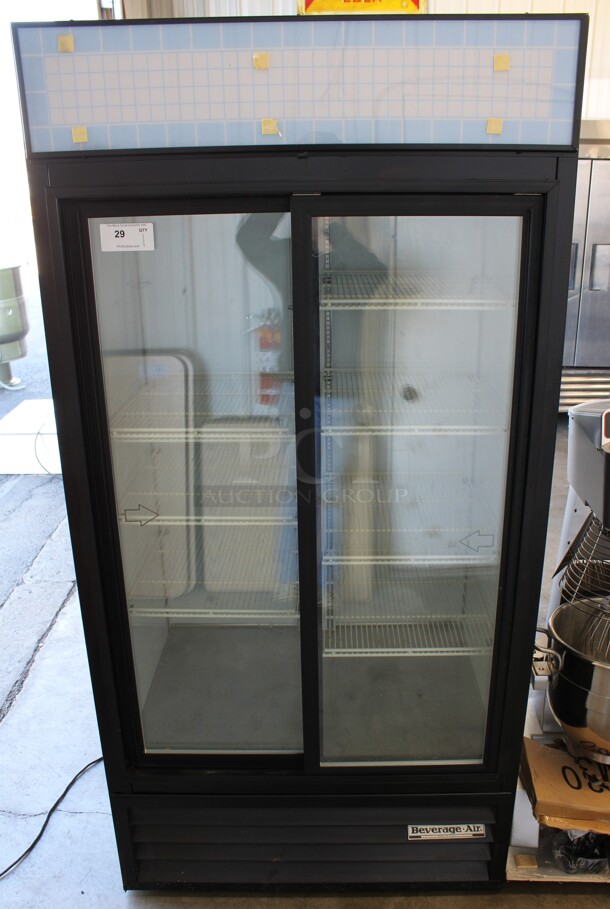 Beverage Air Model MT33 Metal Commercial 2 Door Reach In Cooler Merchandiser w/ Poly Coated Racks. 115 Volts, 1 Phase. 39x31x79. Tested and Powers On But Temps at 49 Degrees