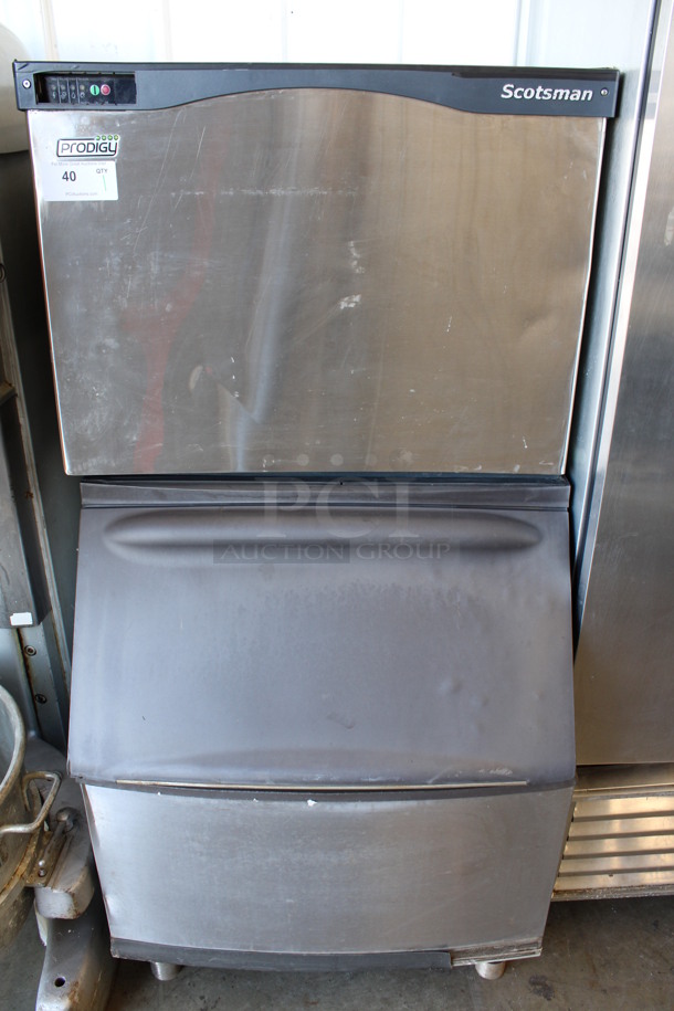 Scotsman Model C0630SA-32B Stainless Steel Commercial Air Cooled Ice Machine Head on Stainless Steel Ice Bin. 208-230 Volts, 1 Phase. 30x34x61