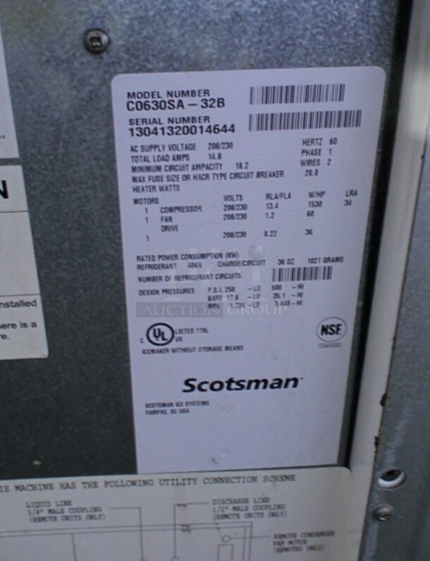 Scotsman Model C0630SA-32B Stainless Steel Commercial Air Cooled Ice Machine Head on Stainless Steel Ice Bin. 208-230 Volts, 1 Phase. 30x34x61 - Image 5 of 5