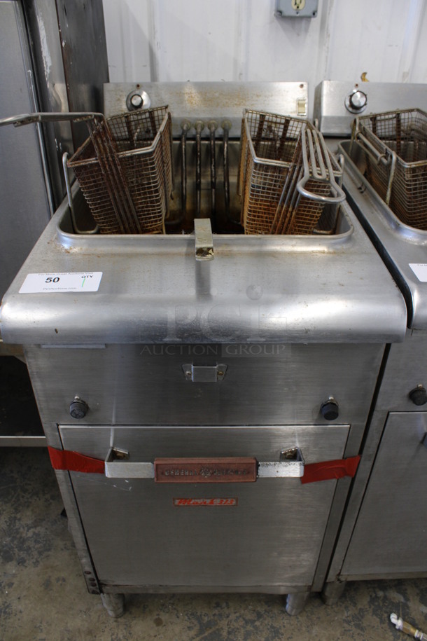 General Electric Model CK40 Stainless Steel Commercial Floor Style Electric Powered Deep Fat Fryer w/ 2 Metal Fry Baskets. 480 Volts, 1/3 Phase. 20x28x41
