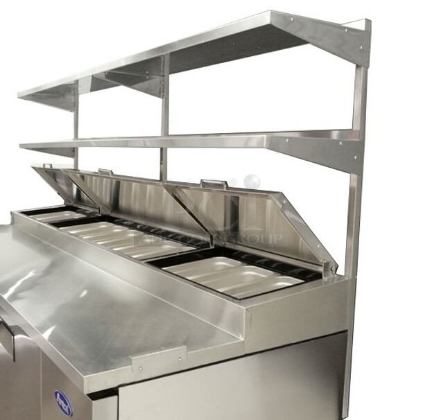 BRAND NEW IN BOX! Mix Rite Model MROS-67P Stainless Steel 2 Tier Over Shelf For 67" Pizza Prep Table. Stock Picture Used For Gallery - Image 1 of 6