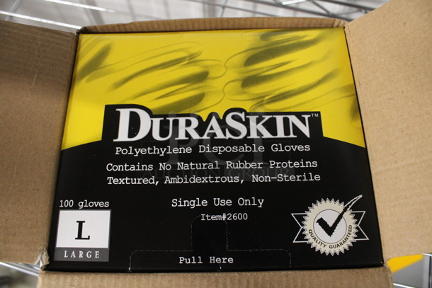 10 BRAND NEW! Boxes of DuraSkin Large Polyethylene Disposable Gloves. 10 Times Your Bid!