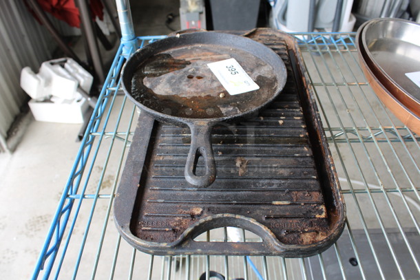 2 Cast Iron Pieces; Skillet and Grilltop. 15.5x10.5x2, 20.5x10.5x1. 1 Times Your Bid!