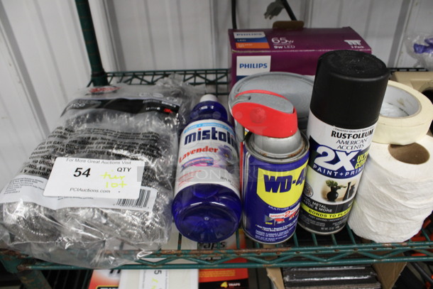 ALL ONE MONEY! Lot of Various Items Including Stainless Steel Scrubbers, WD40, Tape Dispenser and Lightbulbs!