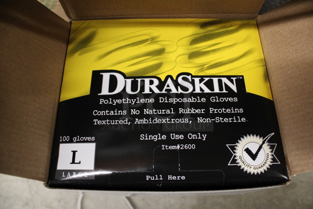4 BRAND NEW! Boxes of DuraSkin Large Polyethylene Disposable Gloves. 4 Times Your Bid!