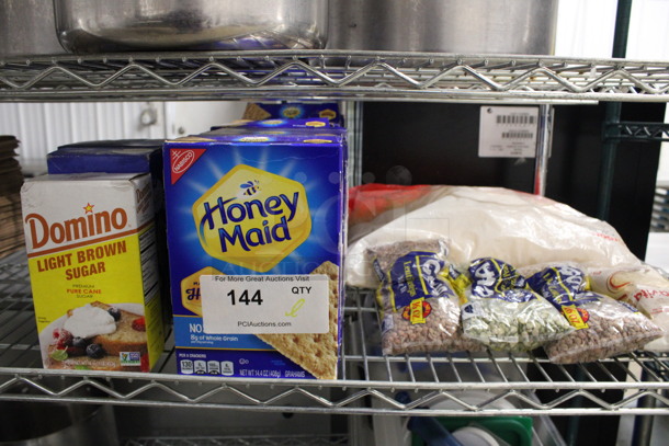 ALL ONE MONEY! Lot of Various Items Including Honey Maid Graham Crackers, Brown Sugar, Penne Pasta, Mac and Cheese, Iced Tea Bags, Lentils!