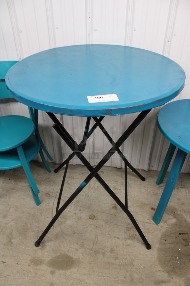 Blue Round Folding Bar Height Table. 32x32x40