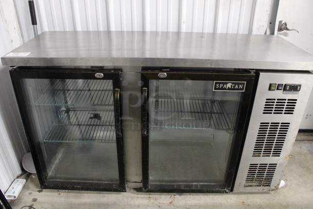 Spartan Model SGBB-58 Stainless Steel Commercial 2 Door Back Bar Cooler Merchandiser w/ Poly Coated Racks. 115 Volts, 1 Phase. 57.5x21x34. Tested and Powers On But Does Not Get Cold