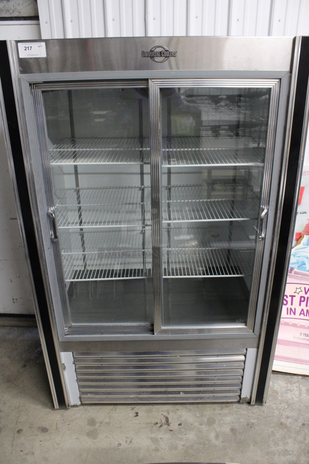 Universal Coolers Stainless Steel Commercial 2 Door Reach In Cooler Merchandiser w/ Poly Coated Racks. 115 Volts, 1 Phase. 48x32x75. Tested and Working!