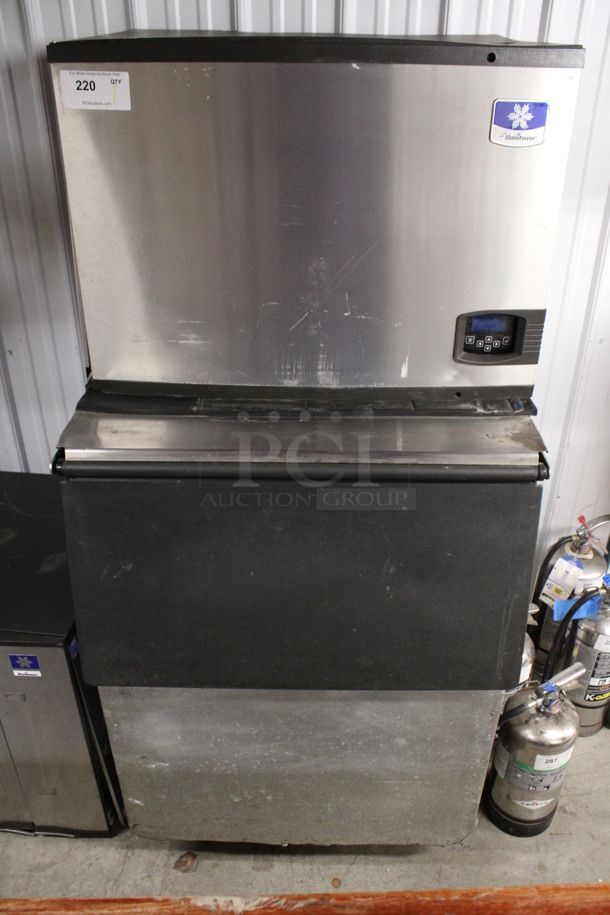 Manitowoc Model IY0694N-261 Stainless Steel Commercial Ice Machine Head on Commercial Ice Bin w/ Manitowoc Model JC0495 Remote Fan. 208-230 Volts, 1 Phase. 31x34x68