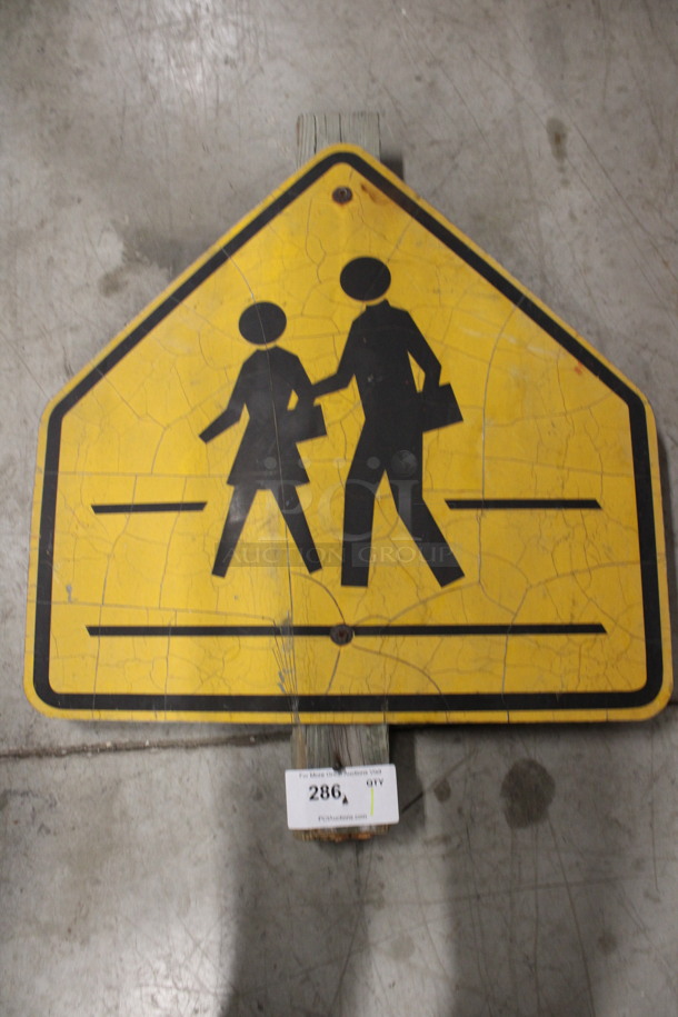 Yellow Metal Pedestrian Sign on Wooden Beam. 24x3.5x29