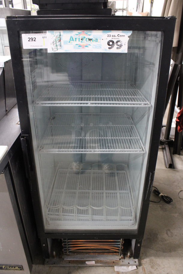 Beverage Air Model MT10 Metal Commercial Single Door Reach In Cooler Merchandiser w/ Poly Coated Racks. 24x25x55. Tested and Powers On But Does Not Get Cold