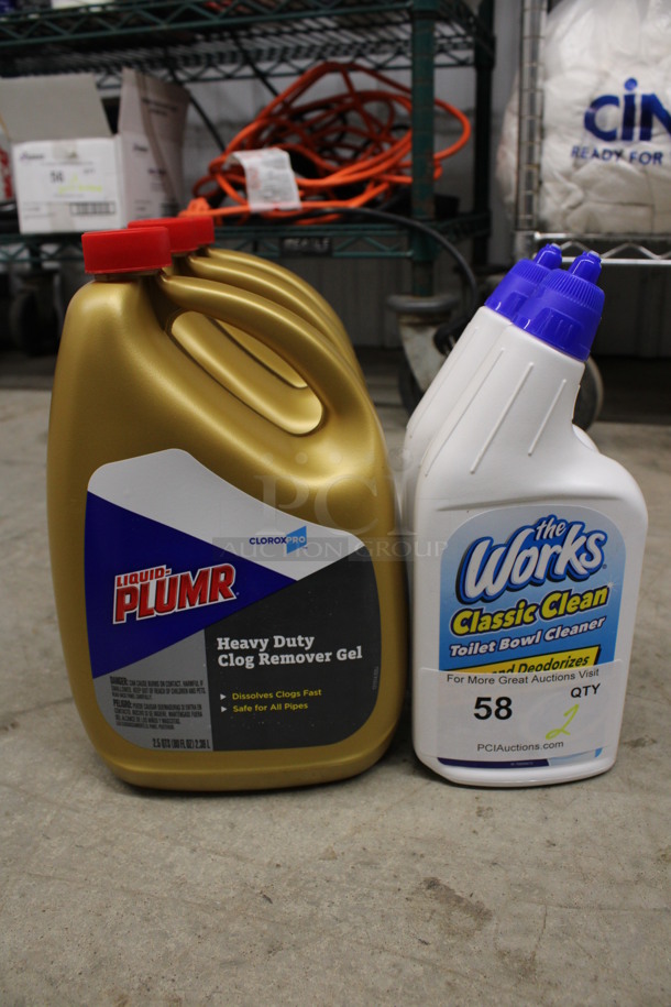 5 Items; 3 Liquid Plumr Heavy Duty Clog Remover Gel and 2 the Works Classic Clean Toilet Bowl Cleaner. 5 Times Your Bid!