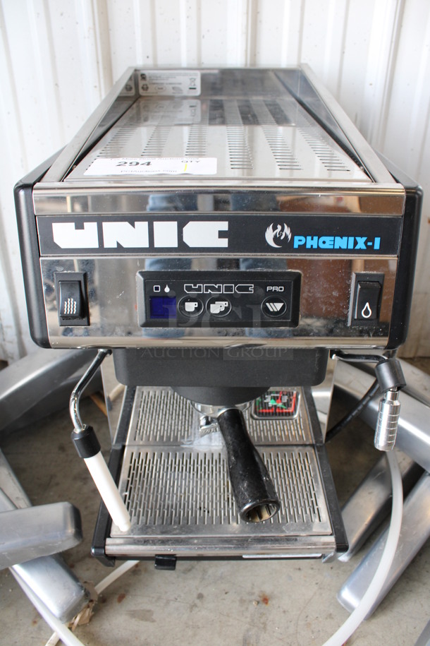 Unic Model PHOENIX-I Stainless Steel Commercial Countertop Single Group Espresso Machine w/ Portafilters w/ Steam Wand. 110 Volts, 1 Phase. 12x19x24