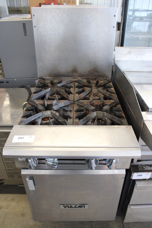 Vulcan Stainless Steel Commercial Natural Gas Powered 4 Burner Range w/ Back Splash on Commercial Casters. 24x38x58