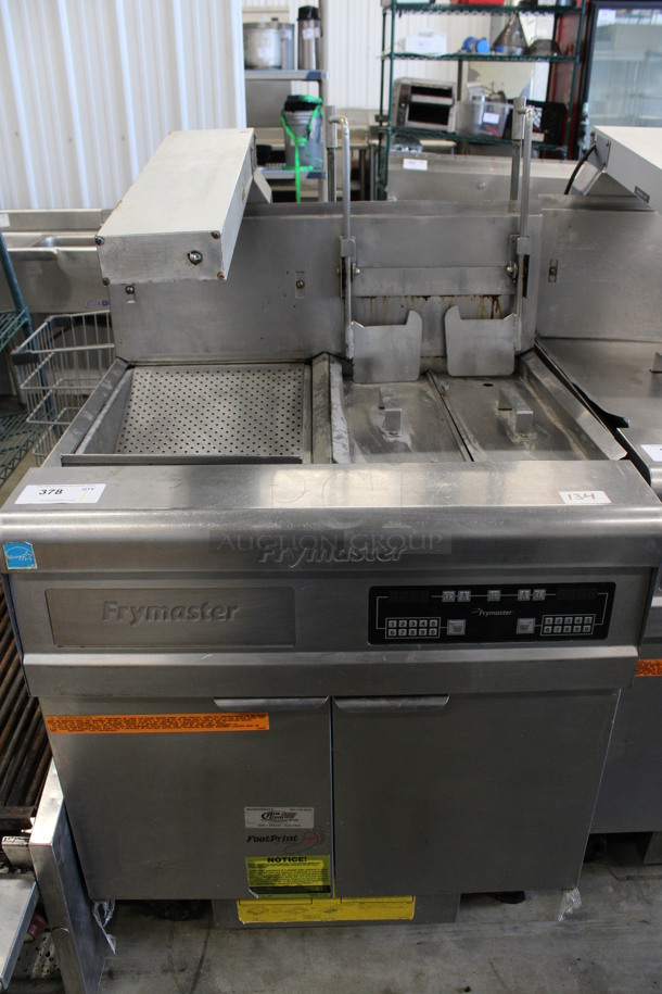 Frymaster Model FMPH155-2BLSD ENERGY STAR Stainless Steel Commercial Natural Gas Powered Fryer w/ Left Side Warming Dumping Station, Warming Strip on Commercial Casters.  31x30x50