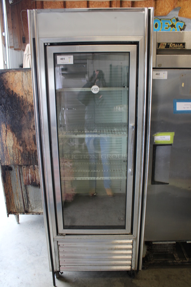 Metal Commercial Single Door Reach In Cooler Merchandiser w/ Poly Coated Racks on Commercial Casters. 30x30x83. Cannot Test Due To Cut Power Cord